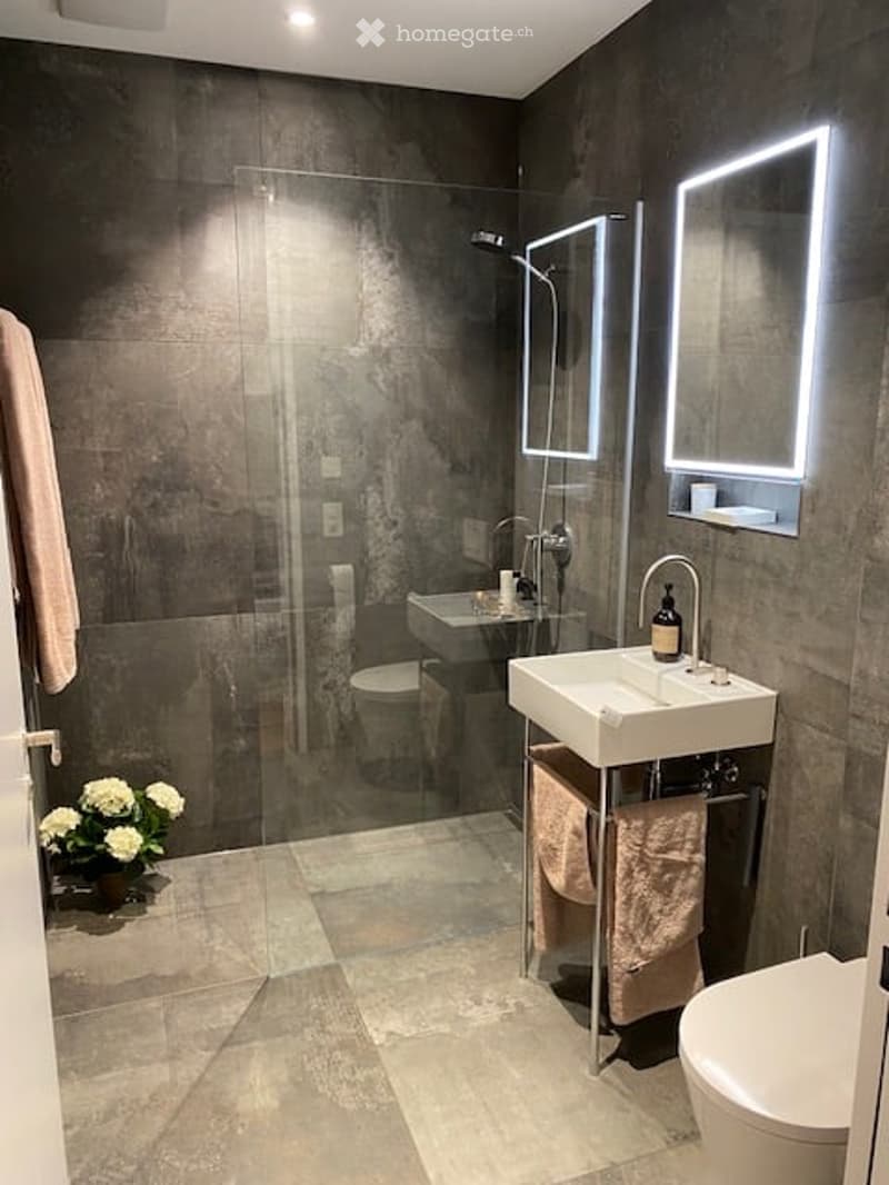 Modern bathroom with dark grey tiles, a glass-enclosed shower, double sink vanity, illuminated mirrors, and a small flower vase on the floor.