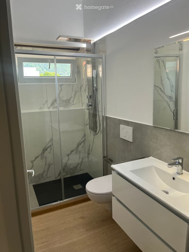 Modern bathroom with a white sink, chrome faucet, toilet, large mirror, and glass-enclosed shower with a window.