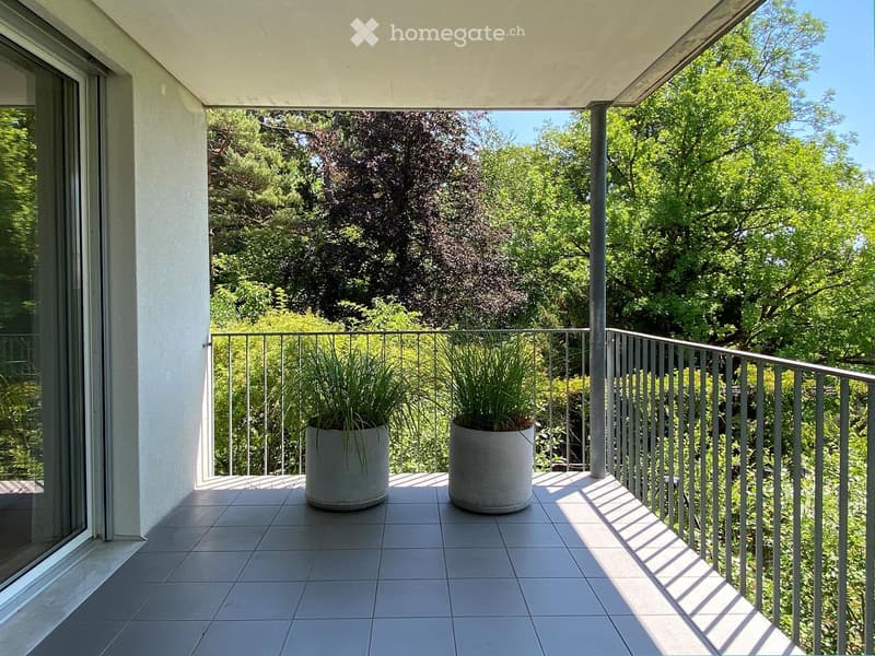 Balcony with tiled floor, metal railing, and two large potted plants, overlooking a lush green area.