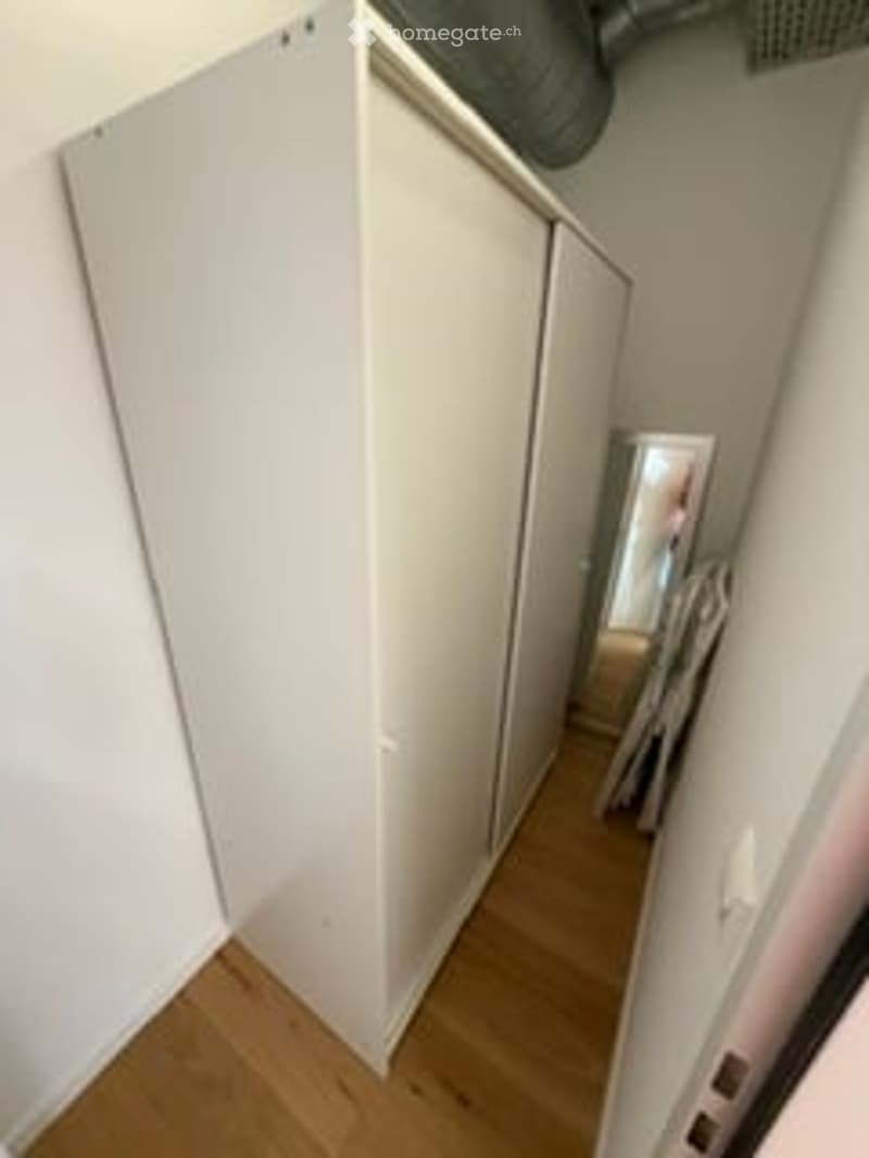 Empty hallway with white walls, wooden flooring, and white closet doors.