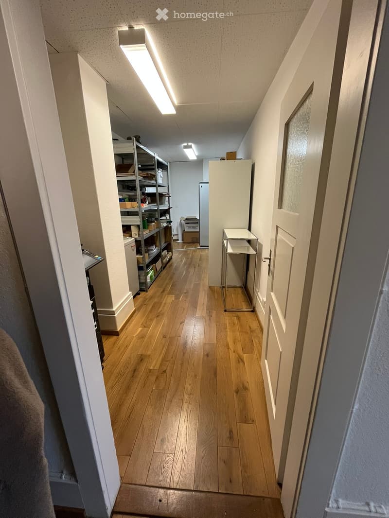 corridor with hardwood floors, metal framed shelving, ceiling lights, white doors