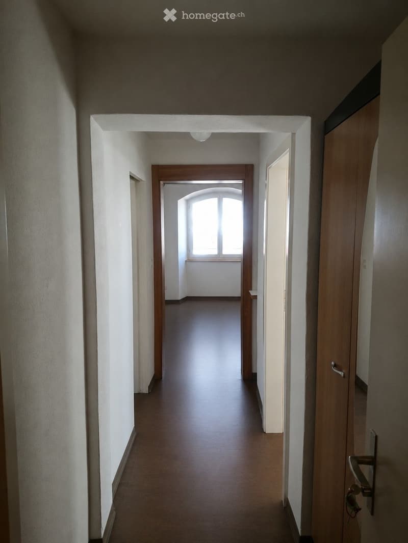Empty hallway with wooden doors, white walls, and a window at the end, illuminated by natural light.