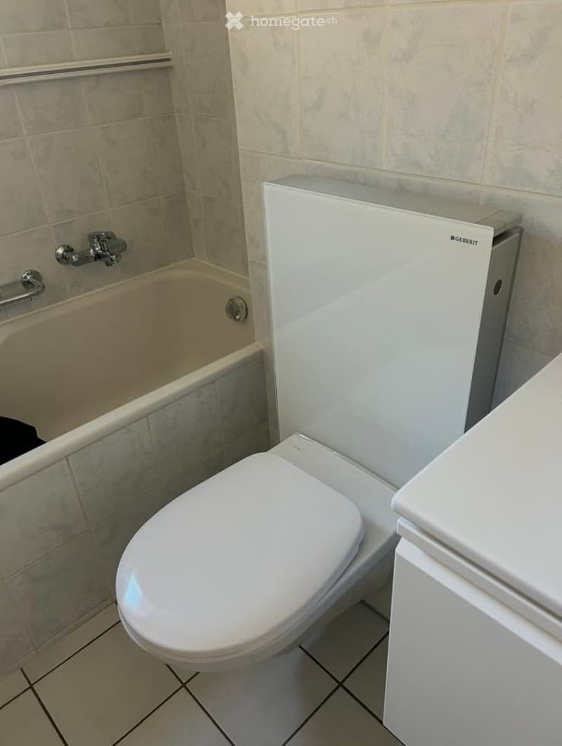 Modern bathroom with a white toilet, bathtub, and tiled walls. Features a sleek faucet and a built-in shelf above the toilet.