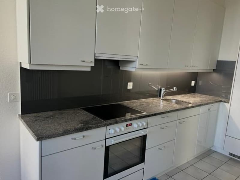 Modern kitchen with white cabinets, granite countertop, built-in stove, and sink.