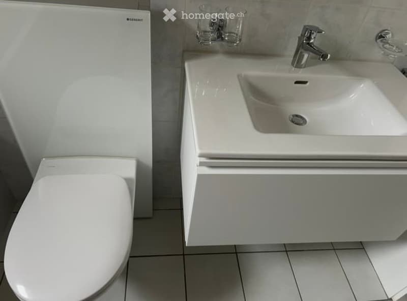 Modern bathroom with a white toilet, a white sink with a chrome faucet, and two clear cups on the wall.