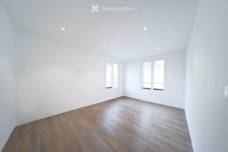 Empty room with white walls, wooden floor, and two windows allowing natural light.