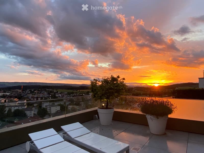 Balcony with two lounge chairs, two potted plants, and a glass railing overlooking a sunset and cityscape