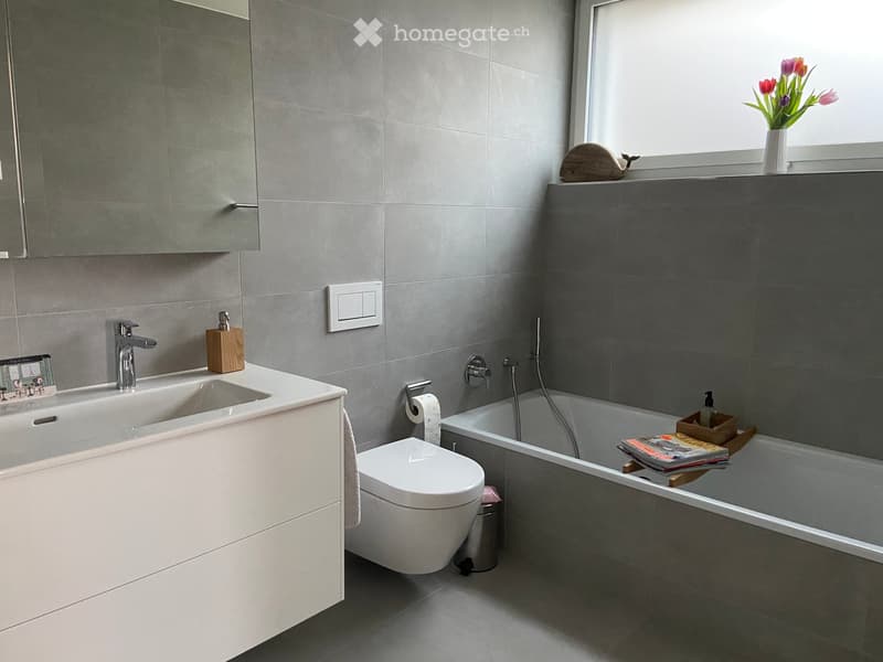 modern bathroom, white sink, white toilet, bathtub, gray tiles, white cabinet, mirror, flowers on window sill
