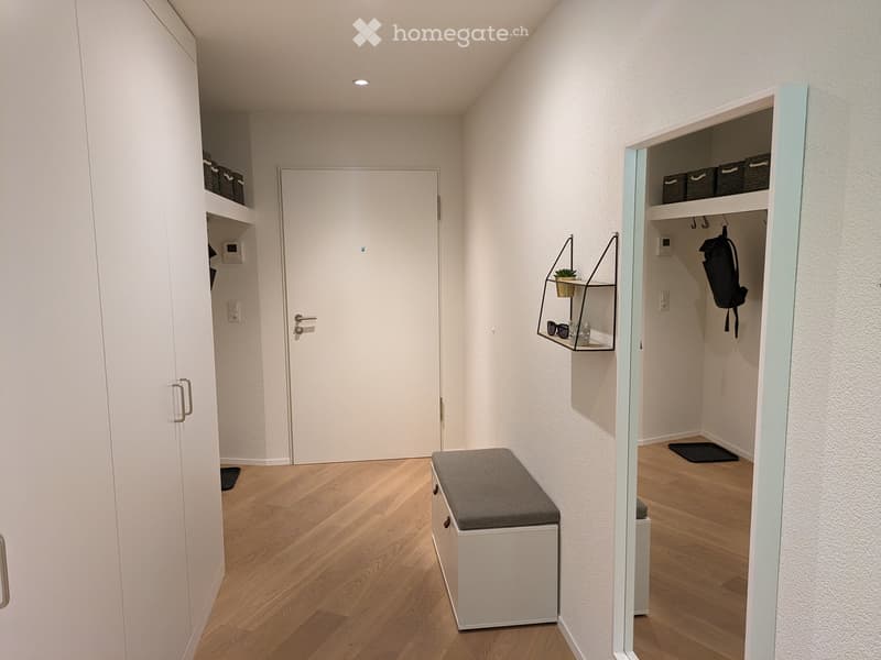 Modern hallway with wooden flooring, built-in storage units, a small bench, and a hanging shelf with decorative items.