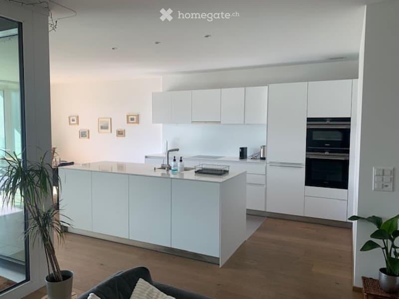 Modern, minimalist kitchen with white cabinets, a central island, and built-in appliances. The space features a sleek design with a wooden floor and potted plants adding a touch of greenery.