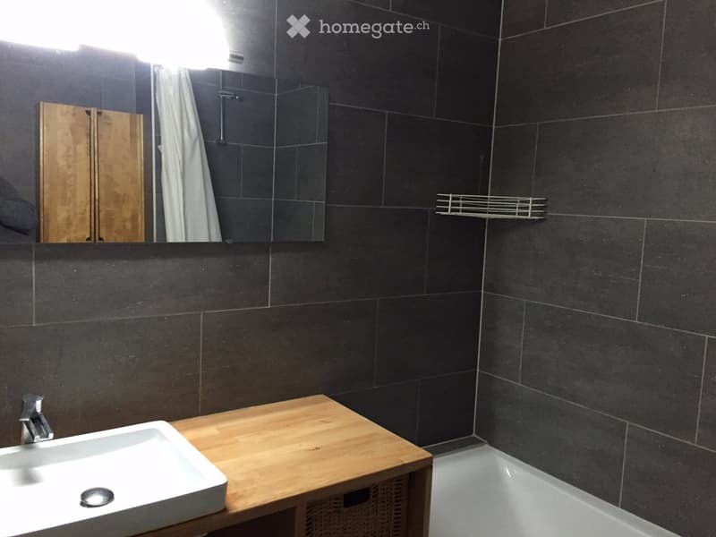 Modern bathroom with dark tiled walls, a white sink on a wooden vanity, a large mirror, and a bathtub.
