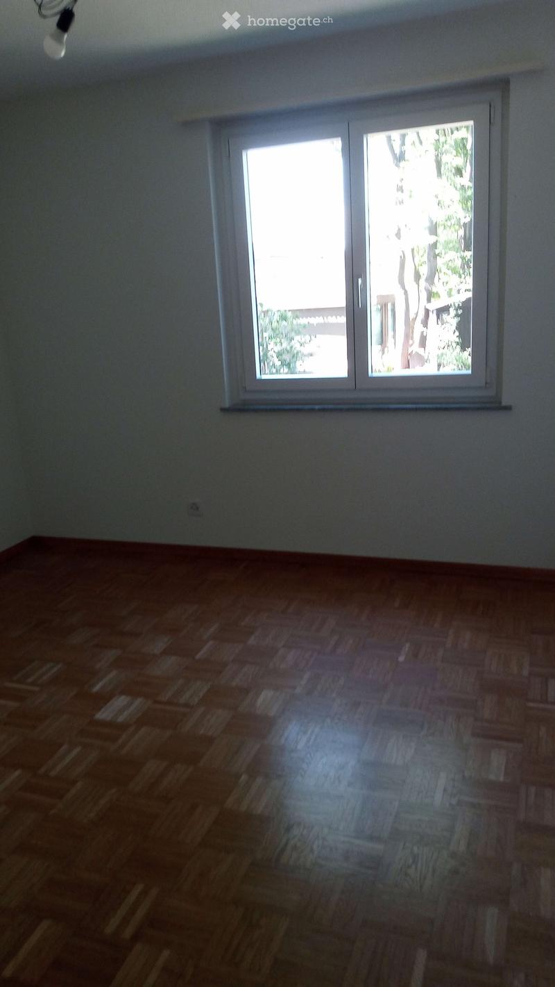 Empty room with wooden flooring and a large window with white frame, allowing natural light to enter.