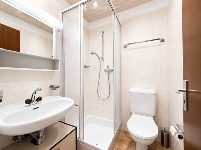 Modern bathroom with a white sink, toilet, shower, and built-in shelves. Features a sleek glass shower enclosure and a wooden door.