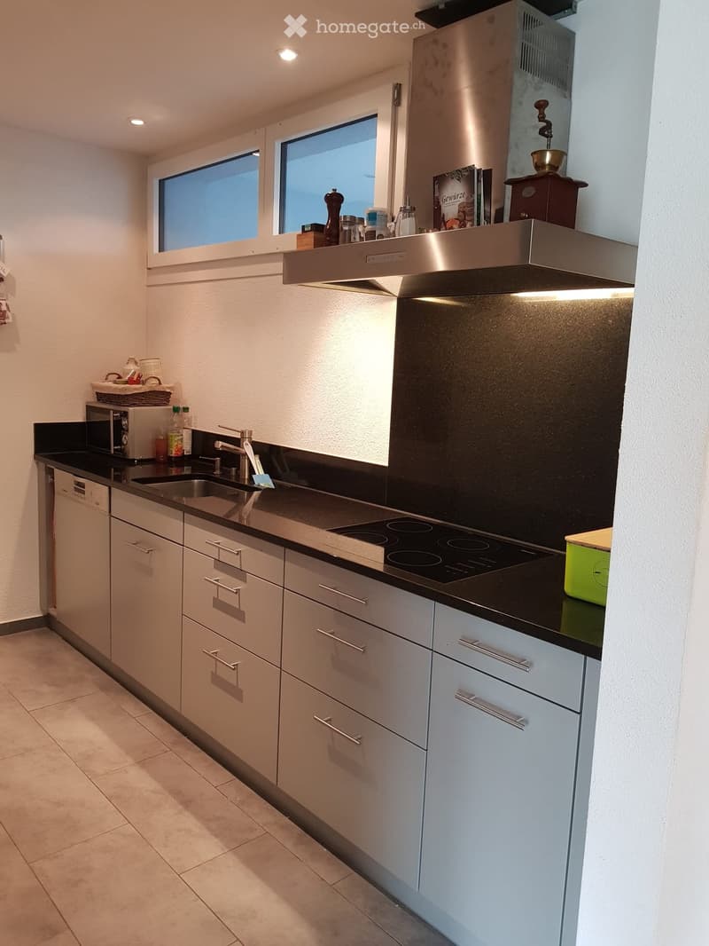 Modern kitchen with light grey cabinets, black countertops, stainless steel appliances, and a window above the sink.