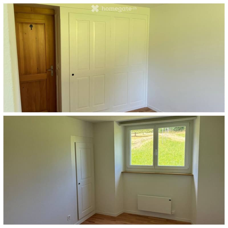Empty room with light-colored walls, wooden flooring, a white door, and a window with a view of greenery. A radiator is mounted on the wall below the window.
