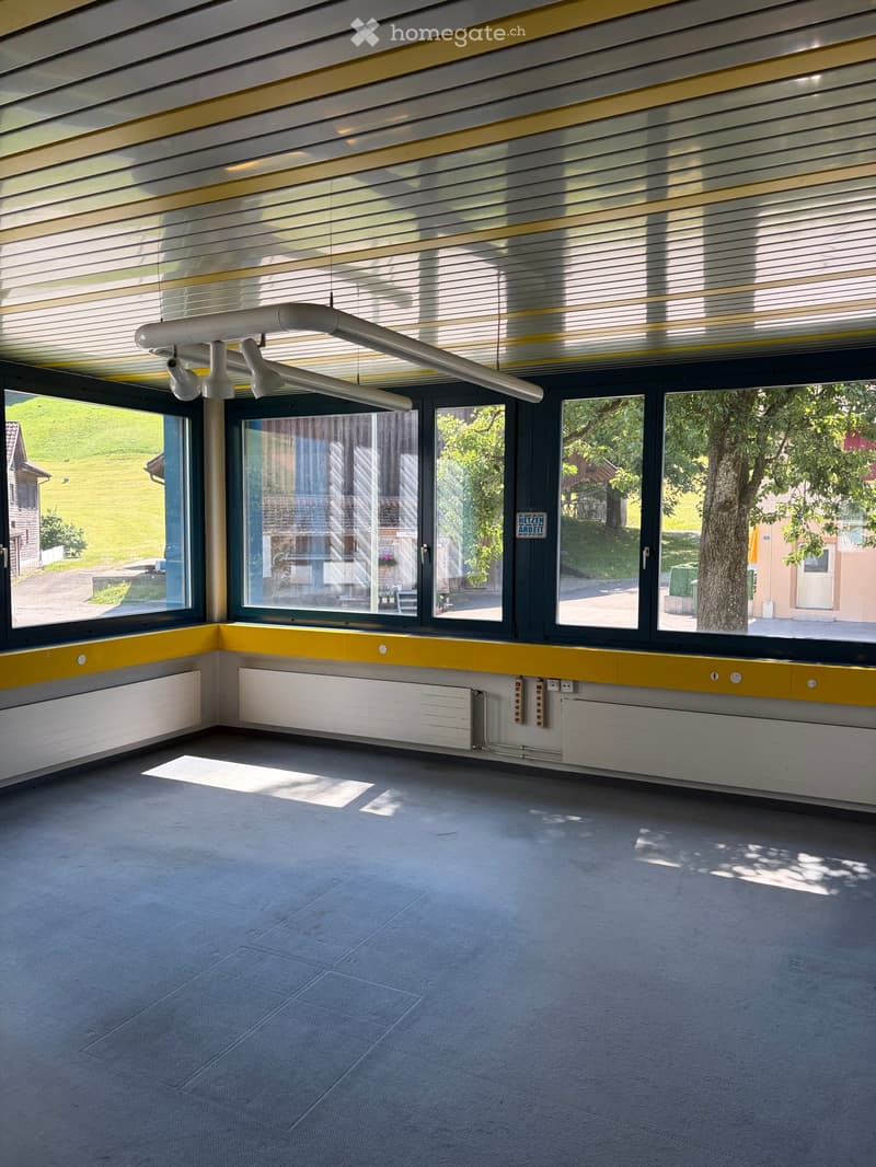 Empty room with grey carpeted floor, white walls with yellow trim, large windows with blinds, and a radiator along the wall.