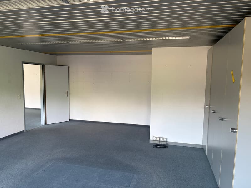 Empty room with white walls, grey carpeted floor, and several doors leading to adjacent spaces. The ceiling features a modern industrial design with exposed beams and lighting fixtures.