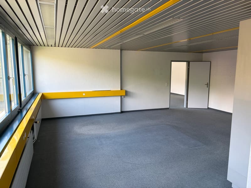 Empty room with grey carpeted floor, white walls, large windows, and a door leading to another space.