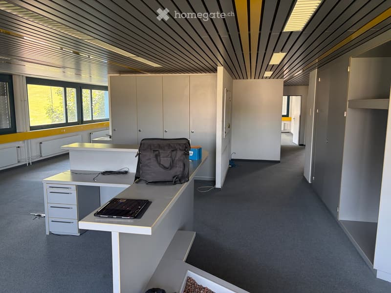 Modern office space with grey carpeting, white desks, cabinets, and a laptop on the desk. The room features large windows with yellow trim and a sleek, contemporary design.