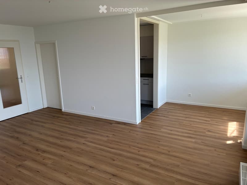 Empty room with light-colored walls and wooden flooring, featuring two doors and an open doorway to another room.