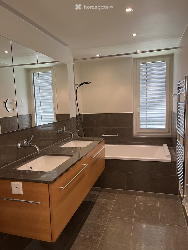 Modern bathroom with dark tiled walls and floor, double sink vanity with wooden cabinetry, bathtub, large mirror, and radiator.