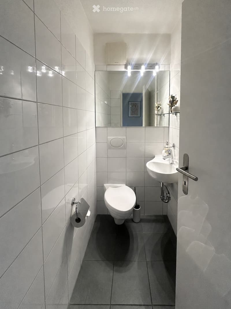 Modern bathroom with white tiles, a toilet, a sink with a mirror, and a toilet paper holder.