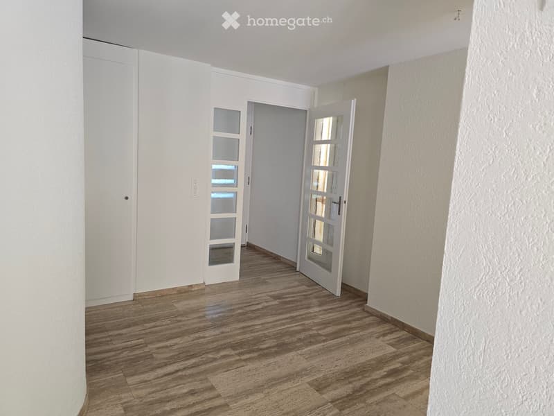 Empty hallway with wooden flooring, white walls, and two white doors with glass panels.