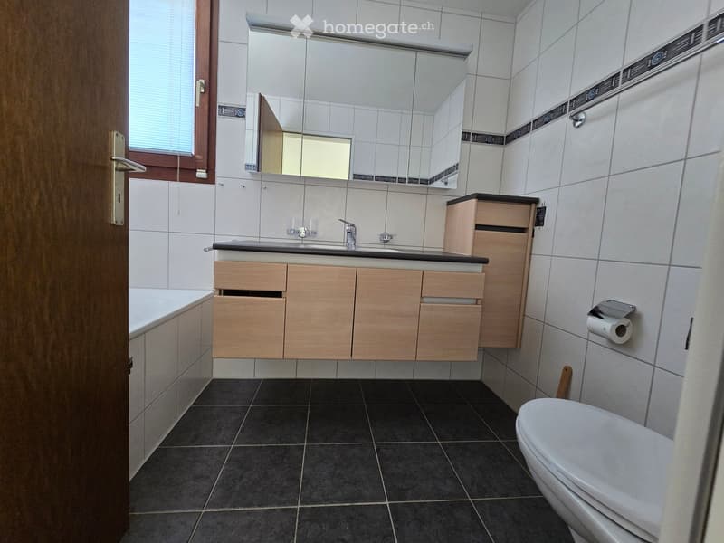 Modern bathroom with white tiles, dark tiled floor, wooden cabinets, sink, mirror, and toilet.