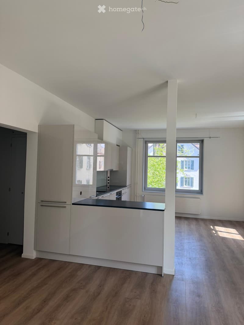 Modern kitchen with white cabinets, black countertop, and wooden flooring. Features an island with integrated oven and ample storage space.