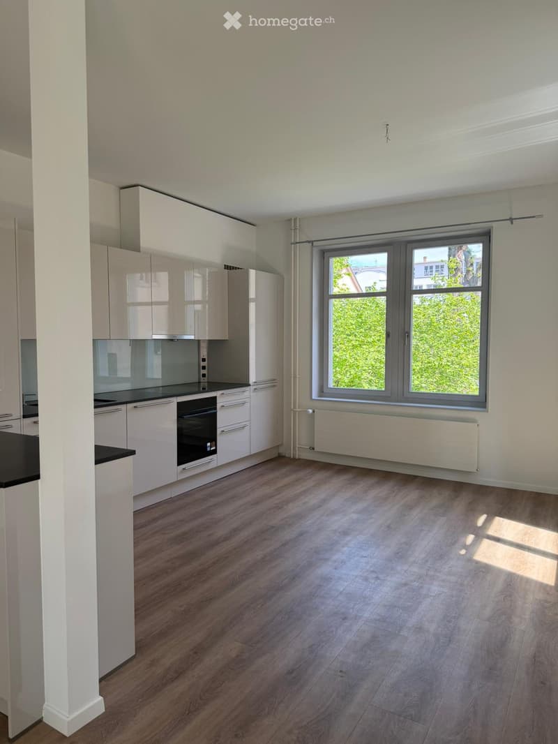 Modern kitchen with white cabinets, black countertops, and a large window overlooking greenery.