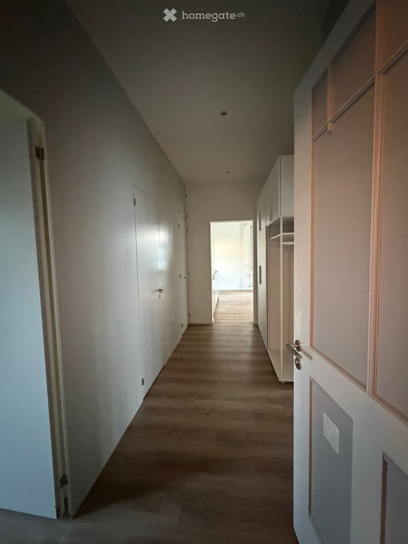 A narrow hallway with wooden flooring, white walls, and several closed doors on both sides.