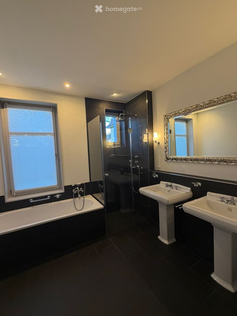 Modern bathroom with dark tiles, a bathtub, two sinks, a large mirror, and a glass-enclosed shower area.