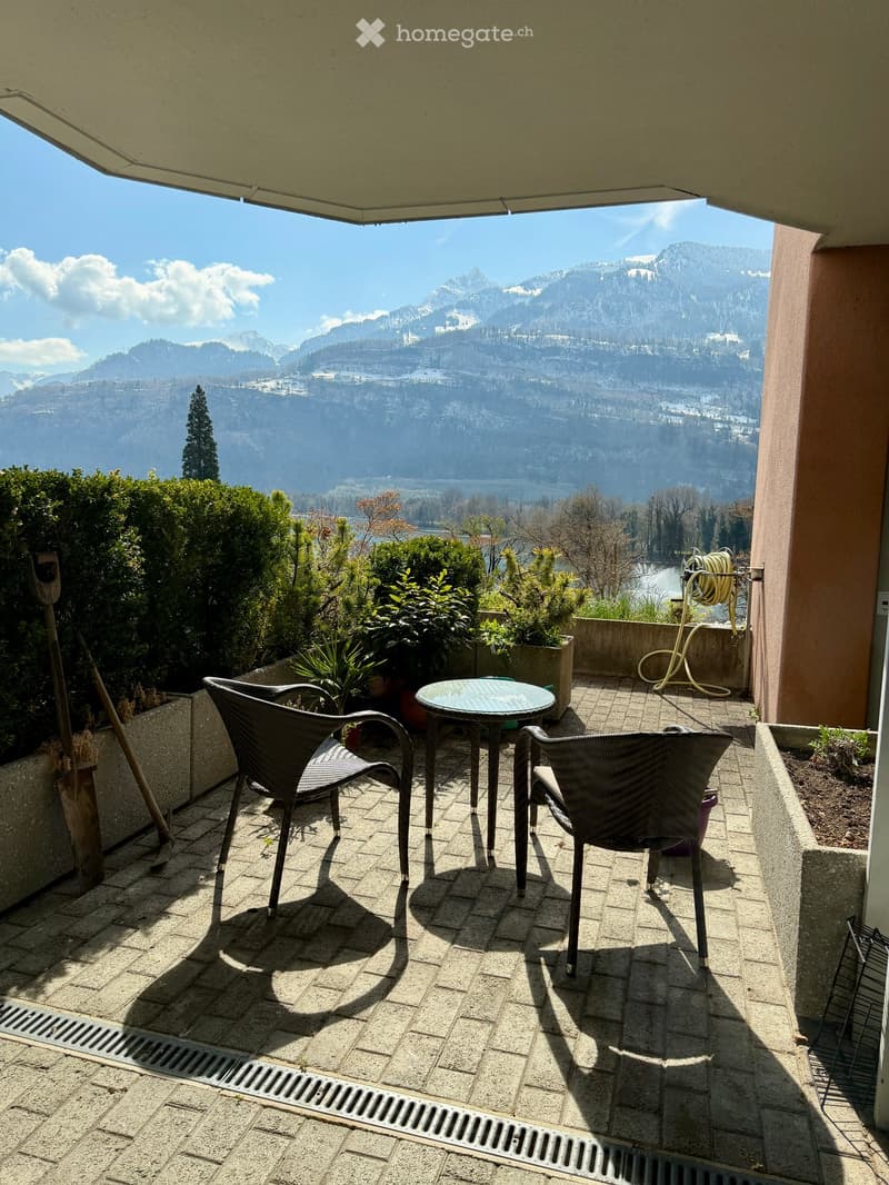 Outdoor patio with table and chairs, plants, and a view of mountains and a river