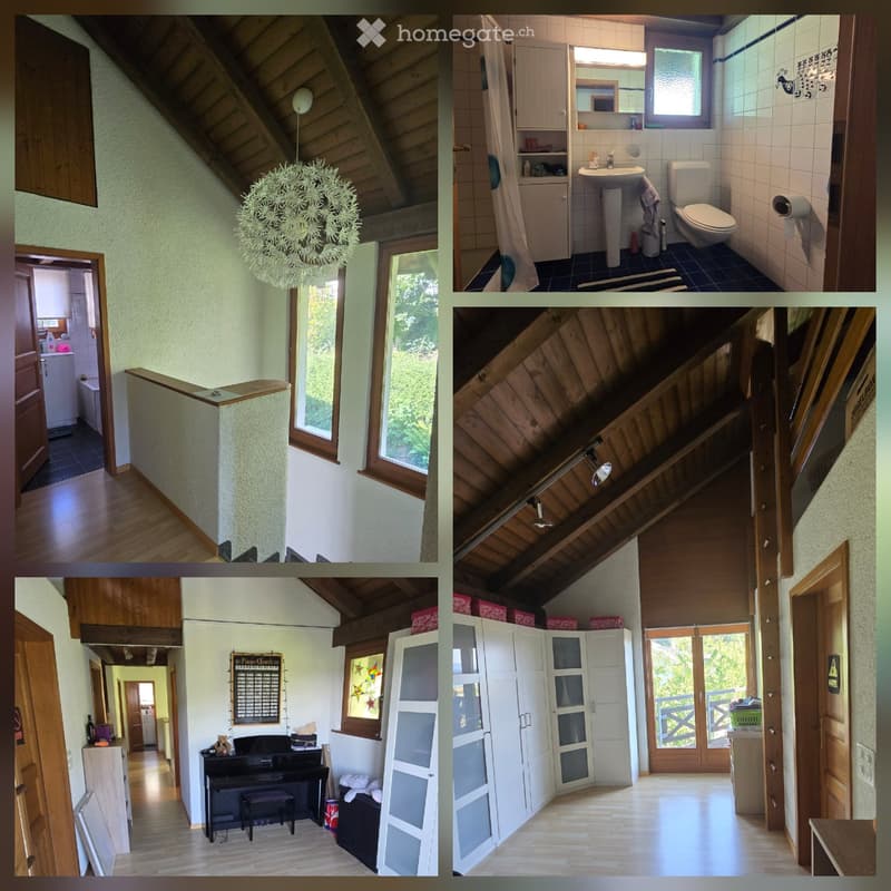 A collage of images showing a house's interior, including a hallway, bathroom, staircase, and living area with a piano and balcony access.