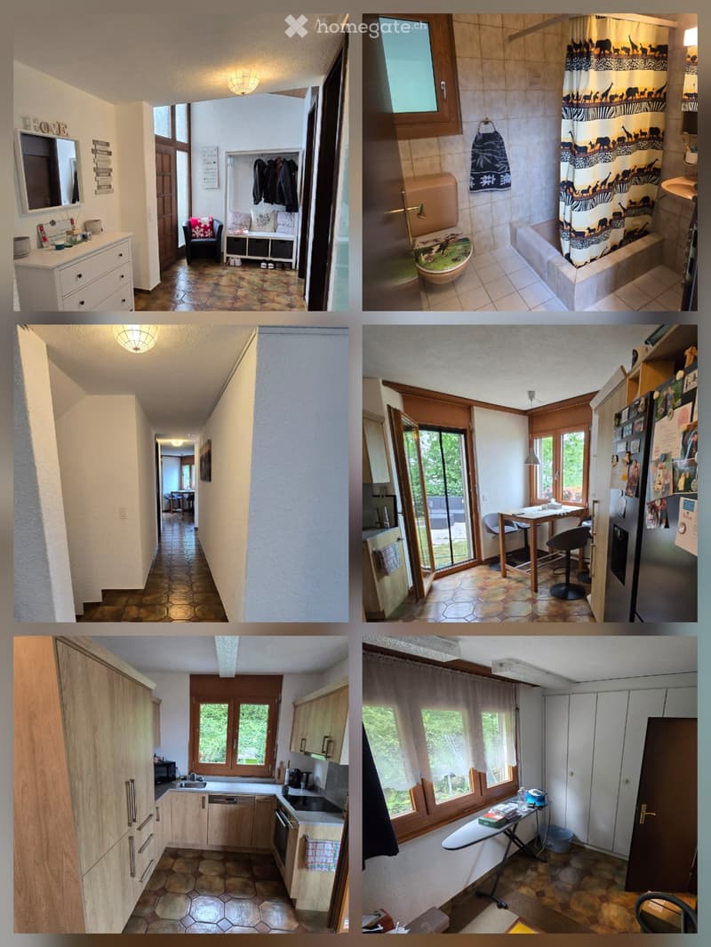A collage of six images showcasing various rooms in a house: a hallway with a coat rack, a bathroom with a shower curtain, a corridor, a kitchen with a dining area, a bedroom with a large window, and a laundry room with a washing machine.
