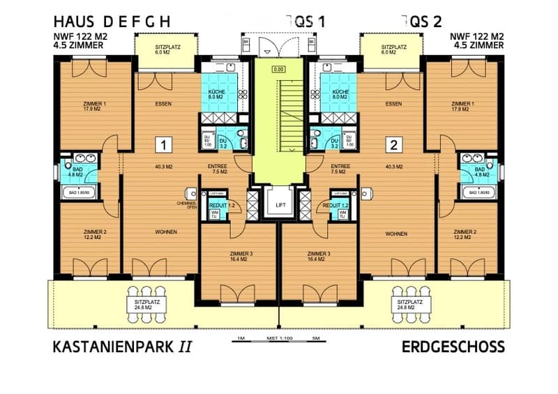 Floor plan of a 4.5-room apartment with two separate living units, each featuring a kitchen, dining area, living room, and bedrooms.