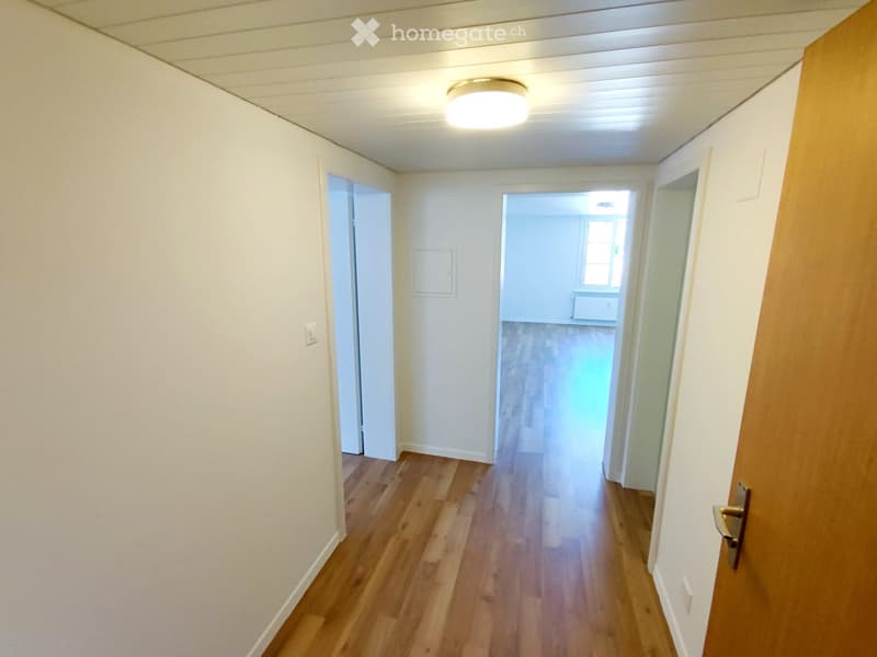 Empty hallway with wooden flooring, white walls, and several doors leading to other rooms.