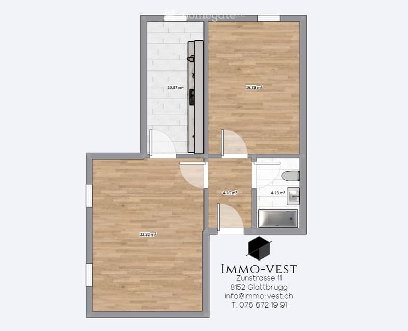 Floor plan of a 2-room apartment with a living area, bedroom, bathroom, and hallway.
