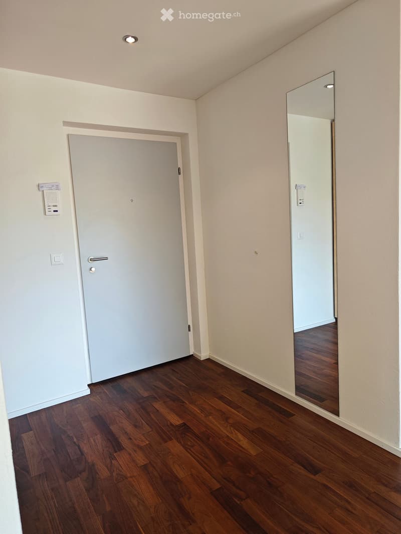 Empty hallway with wooden flooring, white walls, and a closed door on the left. A mirror is mounted on the right wall, reflecting part of the adjacent room.
