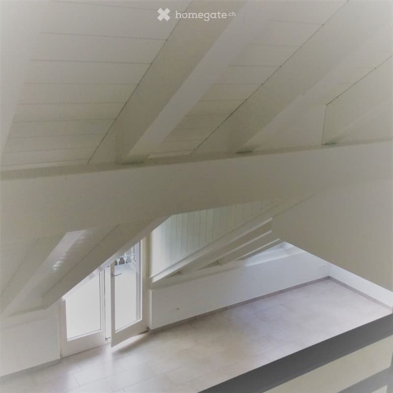 Modern hallway with a high, slanted ceiling and large windows allowing natural light to flood the space. The floor is tiled, and the walls are white, creating a bright and airy atmosphere.