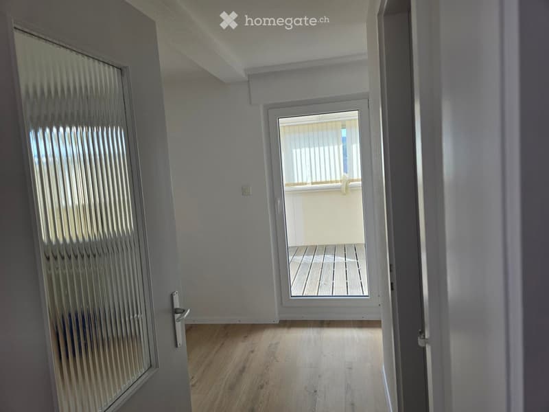 Empty hallway with wooden flooring, white walls, and a frosted glass door leading to a balcony with wooden decking.