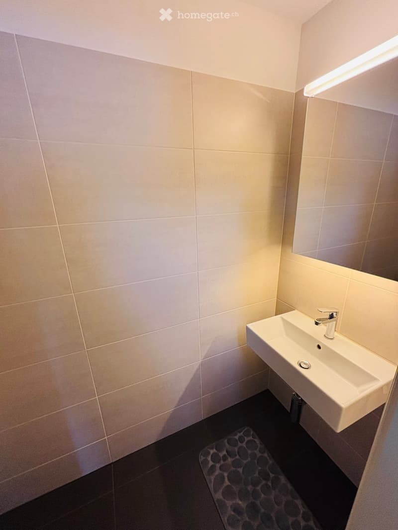 Modern bathroom with a white sink, chrome faucet, and a small mirror above it. The walls are tiled in light beige, and the floor is dark with a decorative mat in front of the sink.