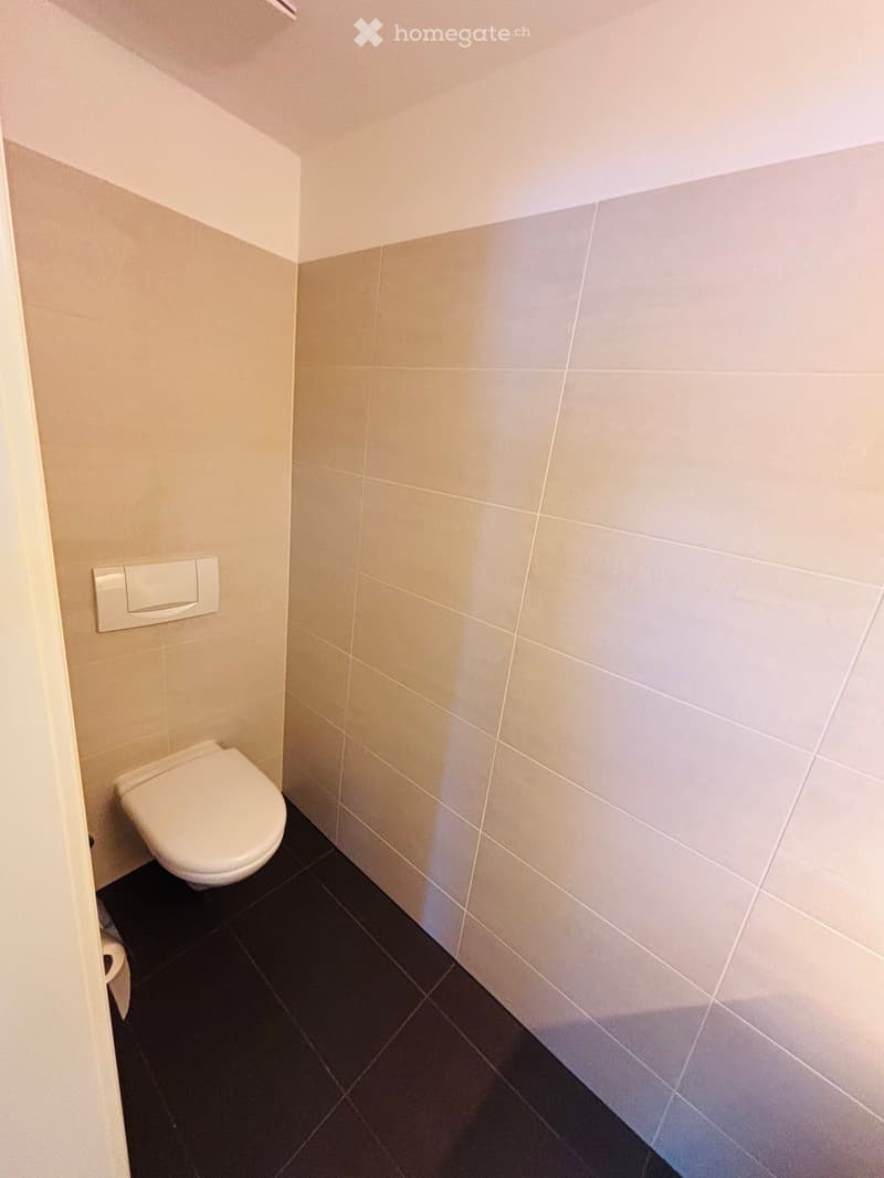 Modern bathroom with a toilet, beige tiled walls, and dark tiled floor.