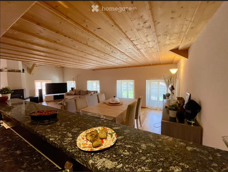 Open-plan living and dining area with exposed wooden beams, a sofa, dining table with chairs, television, fireplace, and decorative items on the counter.