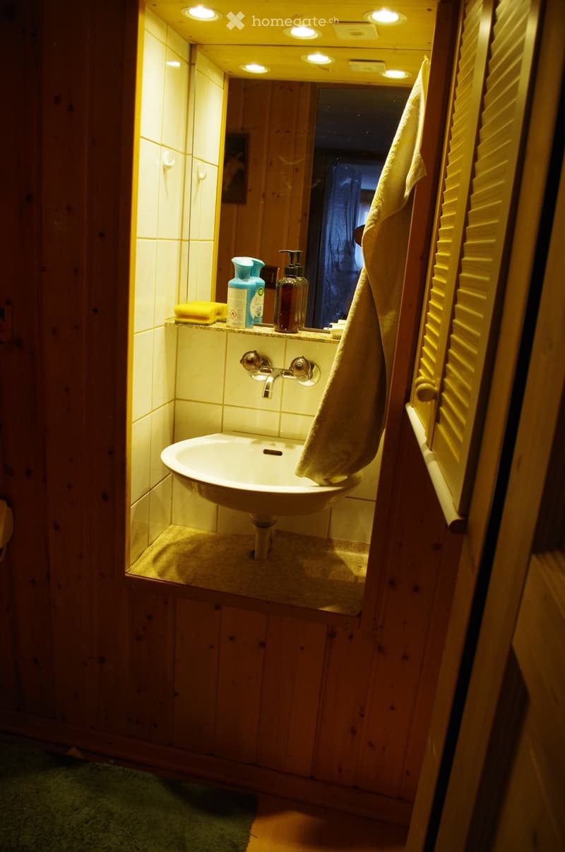 A small bathroom with a sink, mirror, towel, and soap dispenser. The walls are wooden, and the floor is tiled.