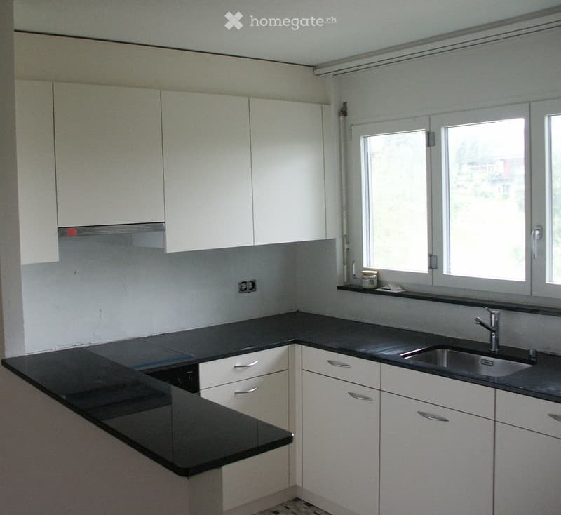 modern style kitchen, white cabinets, black countertop, stainless steel sink and faucet, double windows, electrical outlet, chimney