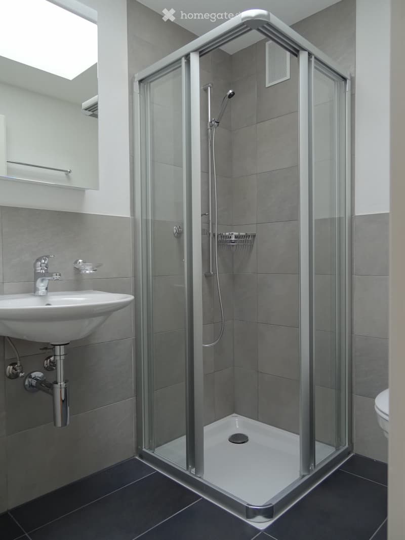Modern bathroom with glass shower stall, white sink, gray tiled floor, silver faucet, and white toilet