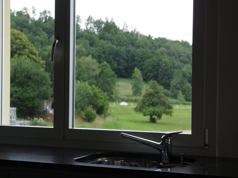 kitchen sink with view of green landscape outside