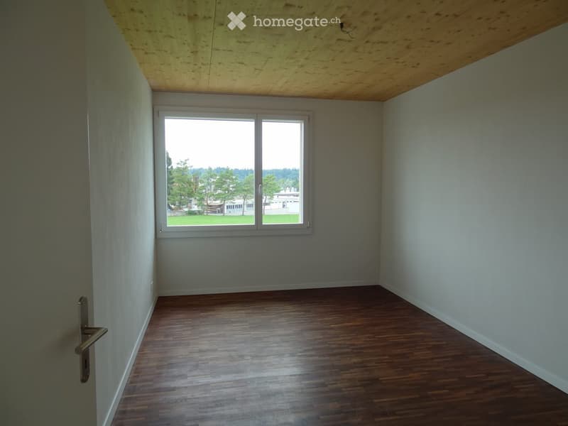 Empty room with wooden flooring, white walls, and a large window offering a view of greenery and buildings outside.