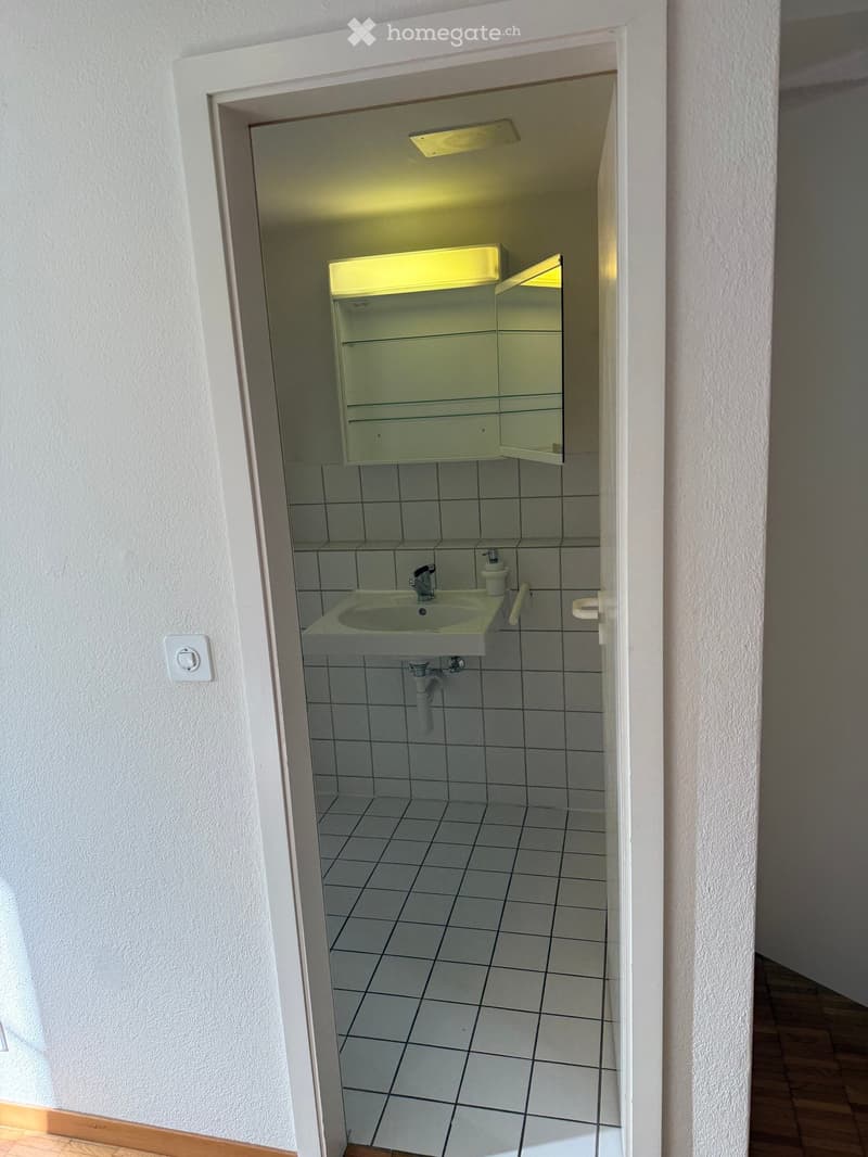 Bathroom. Small bathroom with white tiled walls and floor, a single sink with a mirror above it, and a soap dispenser on the sink counter.